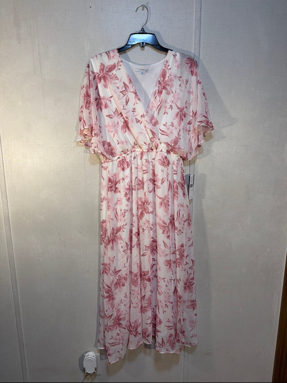 Studio I Cream Midi Dress with Pink Floral Overlay
